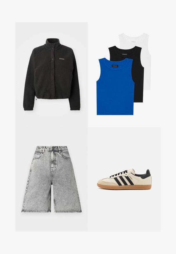 Chaqueta de forro polar negra con cuello alto, botones a presión y tejido texturizado. Presenta mangas raglán y un dobladillo ajustable para un ajuste ceñido.; Tres camisetas sin mangas en azul, negro y blanco. La tela es acanalada con un escote redondo. Cada camiseta tiene una etiqueta con la inscripción "even&odd."; Shorts de mezclilla en un patrón de lavado ácido negro y gris, con una cintura alta, trabillas para cinturón y cinco bolsillos. Los bordes están acabados.; Zapatilla deportiva beige con rayas negras, suela de goma y acentos negros. Presenta un upper de cuero suave y un diseño de punta redondeada.