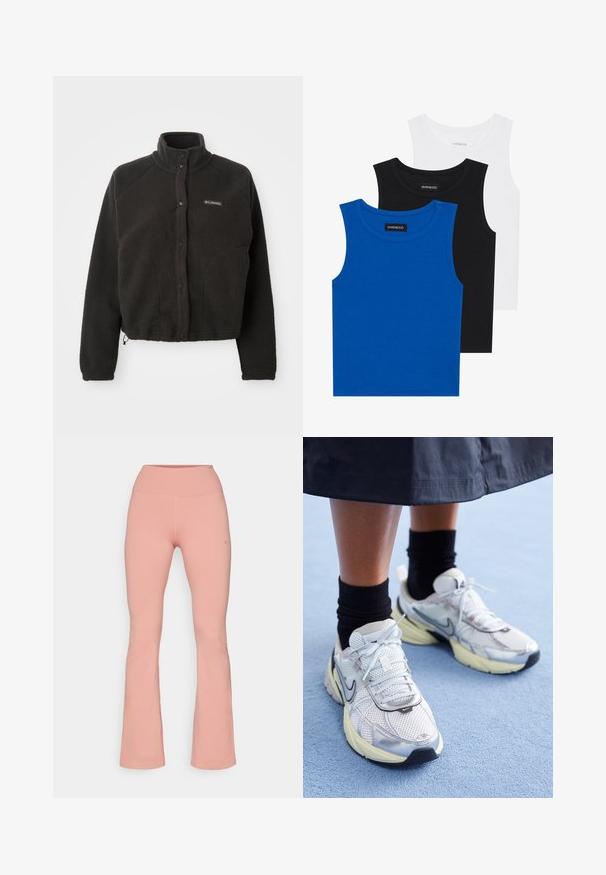 Chaqueta de forro polar negra con cuello alto, botones a presión y tejido texturizado. Presenta mangas raglán y un dobladillo ajustable para un ajuste ceñido.; Tres camisetas sin mangas en azul, negro y blanco. La tela es acanalada con un escote redondo. Cada camiseta tiene una etiqueta con la inscripción "even&odd."; Pantalones de ejercicio acampanados en suave tela rosa, con una cintura alta y una textura suave, con costuras mínimas y un detalle de logo en el costado.; Zapatillas Nike blancas y plateadas con tejido de malla, detalles reflectantes y una suela beige. Llevadas con calcetines negros, de pie sobre una superficie azul.