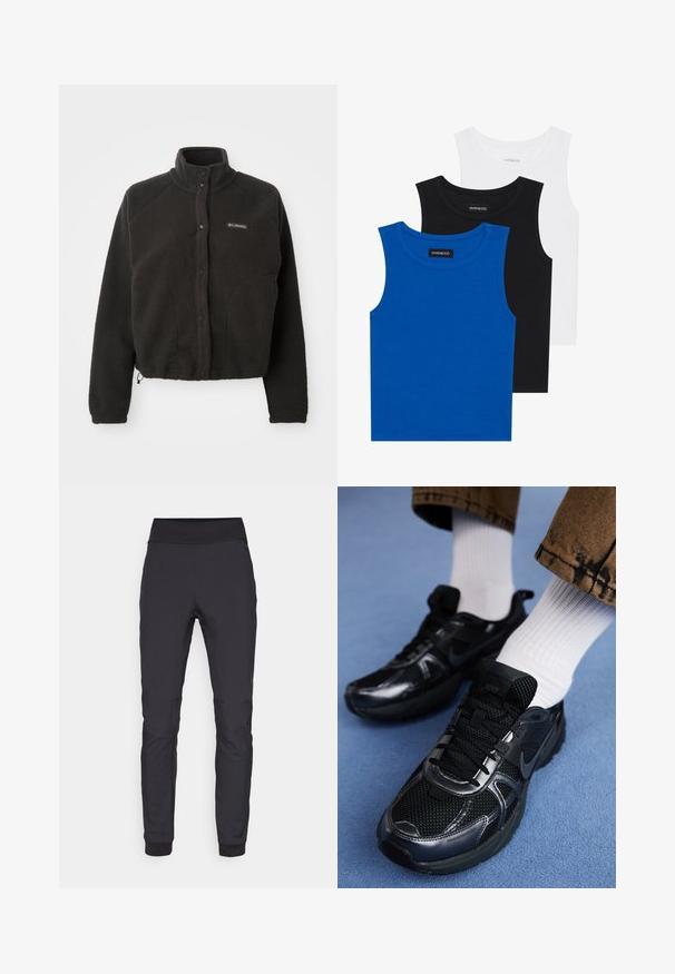 Black fleece jacket with a high collar, snap buttons, and textured fabric. Features raglan sleeves and an adjustable hem for a snug fit.; Three sleeveless shirts in blue, black, and white. The fabric is ribbed with a round neckline. Each shirt has a tag labeled “even&odd.”; Black athletic pants made of stretchy fabric, featuring a wide, smooth waistband, tapered legs, and ribbed cuffs at the ankles.; Black Nike sneakers with mesh and synthetic material, featuring a textured upper, black laces, and durable rubber soles. White ribbed socks visible.
