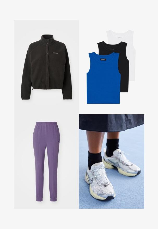 Polar fleece preto com gola alta, botões de pressão e tecido texturizado. Apresenta mangas raglan e uma bainha ajustável para um ajuste confortável.; Três camisetas sem mangas em azul, preto e branco. O tecido é canelado com um decote redondo. Cada camiseta tem uma etiqueta com a inscrição "even&odd."; Nike Sportswear Calças de fato de treino - daybreak; Sapatilhas Nike brancas e prateadas com tecido em malha, detalhes refletivos e sola bege. Usadas com meias pretas, de pé sobre uma superfície azul.