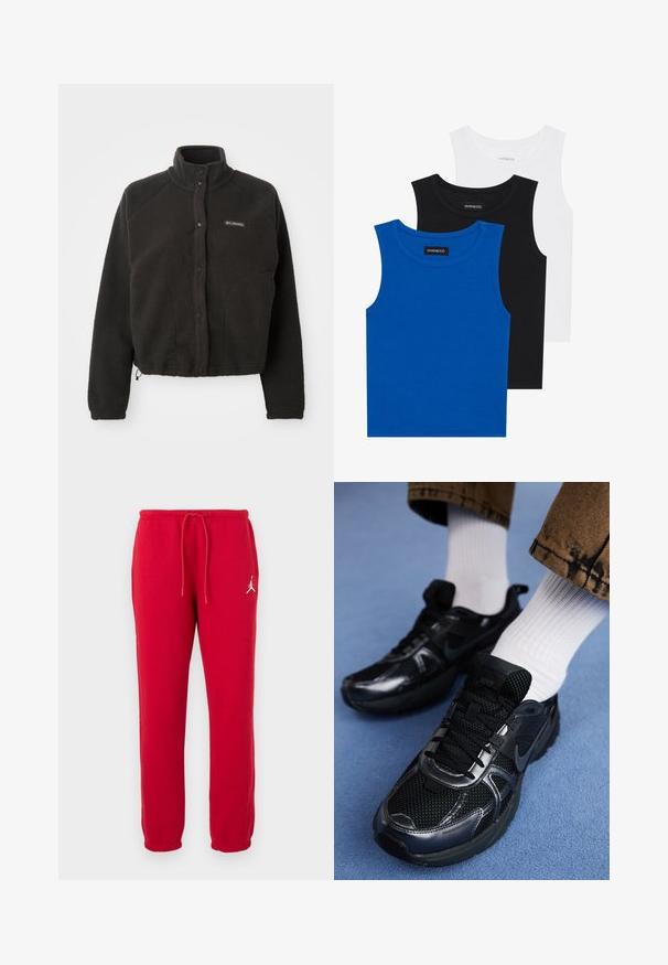 Zwarte fleecejack met hoge kraag, drukknopen en textuurstof. Beschikt over raglanmouwen en een verstelbare zoom voor een snug fit.; Drie mouwloze shirts in blauw, zwart en wit. De stof is ribbelstof met een ronde hals. Elk shirt heeft een label met de tekst "even&odd."; Rode katoenen joggingsbroek met een trekkoord in de taille, elastische boorden en een wit logo op de linker bovenbeen. De stof is glad en het heeft een normale pasvorm.; Zwarte Nike sneakers van mesh en synthetisch materiaal, met een gestructureerde bovenzijde, zwarte veters en duurzame rubberen zolen. Witte geribbelde sokken zichtbaar.
