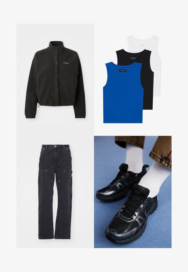 Czarna polarowa kurtka z wysokim kołnierzem, zatrzaskami i teksturowanym materiałem. Posiada rękawy raglanowe oraz regulowany dół, zapewniający dopasowanie.; Trzy bezrękawniki w kolorach niebieskim, czarnym i białym. Materiał to prążkowana tkanina z okrągłym dekoltem. Każdy top ma metkę z napisem "even&odd."; Carhartt WIP NASHUA czarny denim; Czarne buty sportowe Nike mają siateczkową cholewkę z błyszczącymi akcentami, czarne sznurówki i teksturowaną podeszwę. Połączone z białymi, prążkowanymi skarpetami.