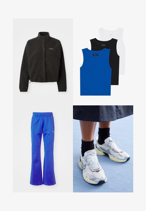 Melnas vilnas jaka ar augstu apkakli, pogām ar spiedpogu un teksturētu audumu. Iespējas raglanu piedurknes un regulējamu apakšmalu ciešai piegulšanai.; Trīs bezpiedurkņu krekli zilā, melnā un baltā krāsā. Audums ir ribots ar apaļu kakla izgriezumu. Katram kreklam ir birka ar uzrakstu "even&odd."; Zilnēti sporta bikses spilgti zilā krāsā, ar elastīgu jostu, divām sānu kabatām un mazu baltu logo priekšpusē.; Baltie un sudraba Nike kedas ar tīkla audumu, atstarojošiem akcentiem un bēša zoli. Valkātas ar melnām zeķēm, stāvot uz zilas virsmas.