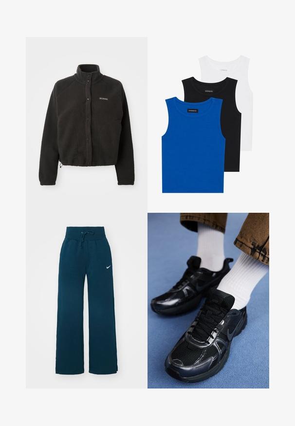Crna flis jakna s visokim ovratnikom, dugmadi na dugme i teksturiranim materijalom. Ima raglan rukave i podesiv rub za čvrsto pristajanje.; Trii bezrukavne majice u plavoj, crnoj i bijeloj boji. Tkanina je rebrasta s okruglim izrezom. Svaka majica ima oznaku označenu „even&odd.“; Nike Sportswear SPORTSWEAR PHOENIX FLEECE - Donji dijelovi trenirke - armory navy/sail; Crne Nike sportske cipele imaju mrežasti gornji dio s sjajnim akcentima, crne vezice i teksturiranu potplat. Uparen s bijelim rebrastim čarapama.