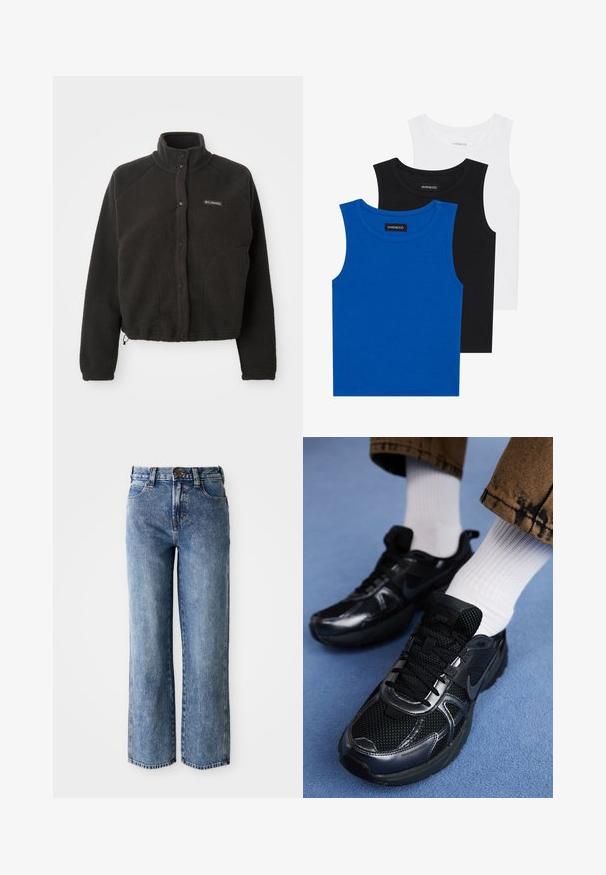 Crna flis jakna s visokim ovratnikom, dugmadi na dugme i teksturiranim materijalom. Ima raglan rukave i podesiv rub za čvrsto pristajanje.; Trii bezrukavne majice u plavoj, crnoj i bijeloj boji. Tkanina je rebrasta s okruglim izrezom. Svaka majica ima oznaku označenu „even&odd.“; Traperice s visokim strukom i ravnim nogavicama, plave boje, s prednjim džepovima, petljama za remen i zatvaranjem na dugme.; Crne Nike sportske cipele imaju mrežasti gornji dio s sjajnim akcentima, crne vezice i teksturiranu potplat. Uparen s bijelim rebrastim čarapama.