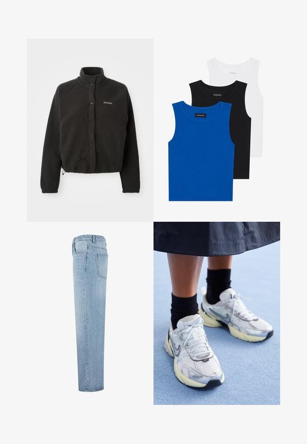 Polar fleece preto com gola alta, botões de pressão e tecido texturizado. Apresenta mangas raglan e uma bainha ajustável para um ajuste confortável.; Três camisetas sem mangas em azul, preto e branco. O tecido é canelado com um decote redondo. Cada camiseta tem uma etiqueta com a inscrição "even&odd."; Jeans de denim de perna reta em azul claro com cintura alta e bolso traseiro visível, mostrados de lado contra um fundo branco.; Sapatilhas Nike brancas e prateadas com tecido em malha, detalhes refletivos e sola bege. Usadas com meias pretas, de pé sobre uma superfície azul.