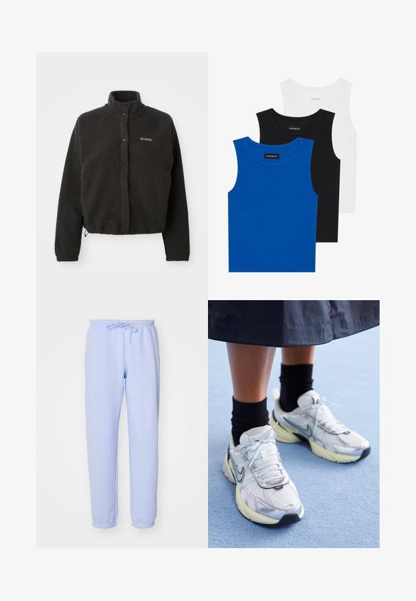 Fekete bolyhos dzseki magas gallérral, patent gombokkal és texturált anyagból. Raglán ujjakkal és állítható aljjal rendelkezik, hogy szoros illeszkedést biztosítson.; Három ujjatlan póló kék, fekete és fehér színben. Az anyaga bordázott, kerek nyakkivágással. Minden pólón egy "even&odd" feliratú címke található.; Világoskék melegítőnadrág puha anyagból. Rugalmas derékkal és zsinórral, egyenes szabással és rugalmas béléssel a bokáknál.; Fehér és ezüst Nike sportcipők hálós anyagból, fényvisszaverő részletekkel és bézs talppal. Fekete zoknival viselve, egy kék felületen állva.