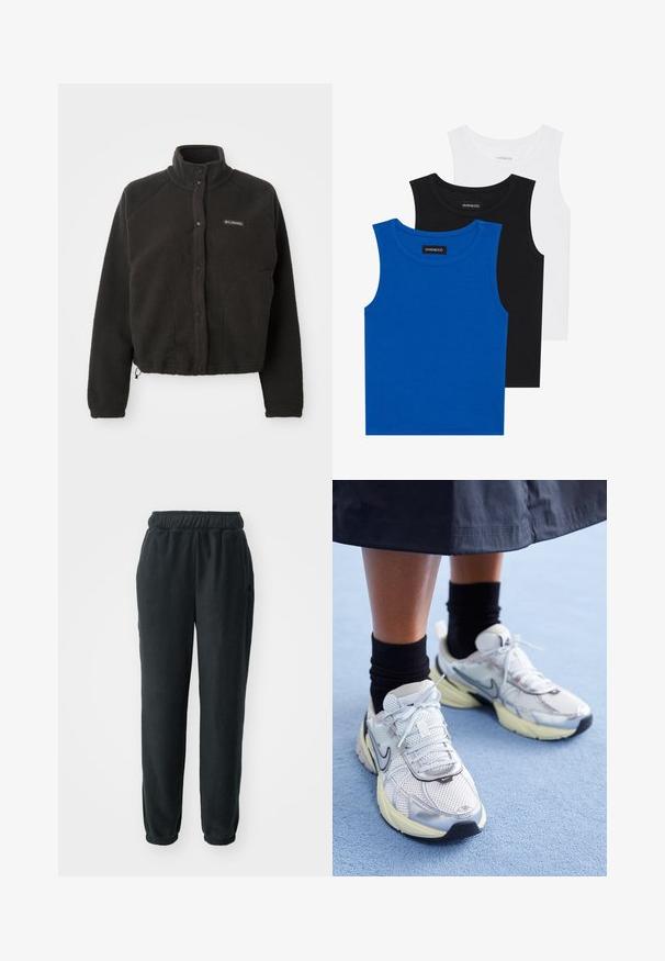 Crna flis jakna s visokim ovratnikom, dugmadi na dugme i teksturiranim materijalom. Ima raglan rukave i podesiv rub za čvrsto pristajanje.; Trii bezrukavne majice u plavoj, crnoj i bijeloj boji. Tkanina je rebrasta s okruglim izrezom. Svaka majica ima oznaku označenu „even&odd.“; Crne trenirke od flisa s elastičnim strukom, suženim nogavicama i rebrastim manžetama. Sadrži mali logo s lijeve strane. Mekana tekstura.; Bijele i srebrne Nike tenisice od mrežaste tkanine, s reflektirajućim detaljima i bež potplatom. Nosi se s crnim čarapama, stojeći na plavoj površini.