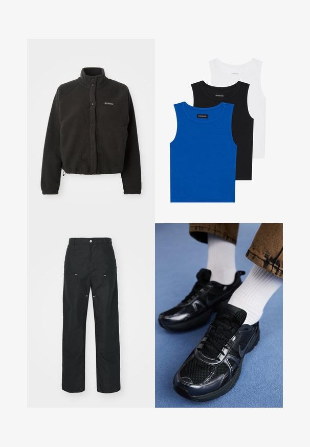 Schwarze Fleecejacke mit hohem Kragen, Druckknöpfen und strukturiertem Material. Sie verfügt über Raglanärmel und einen verstellbaren Saum für eine enge Passform.; Drei ärmellose Hemden in Blau, Schwarz und Weiß. Der Stoff ist gerippt und hat einen runden Ausschnitt. Jedes Hemd hat ein Etikett mit der Aufschrift "even&odd".; Schwarze Hose mit geradem Bein, aus einem strukturierten Stoff. Verfügt über dekorative silberne Hardware und einzigartige Nahtdetails.; Schwarze Nike Sportschuhe mit einem oberen Teil aus Mesh und glänzenden Akzenten, schwarzen Schnürsenkeln und einer strukturierten Sohle. Kombiniert mit weißen gerippten Socken.