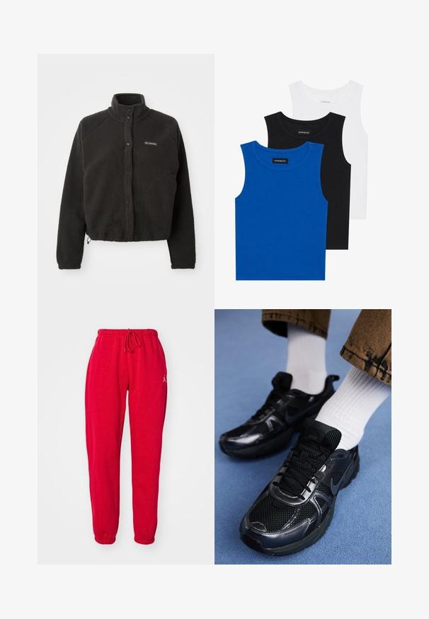 Czarna polarowa kurtka z wysokim kołnierzem, zatrzaskami i teksturowanym materiałem. Posiada rękawy raglanowe oraz regulowany dół, zapewniający dopasowanie.; Trzy bezrękawniki w kolorach niebieskim, czarnym i białym. Materiał to prążkowana tkanina z okrągłym dekoltem. Każdy top ma metkę z napisem "even&odd."; Czerwone dresy z elastycznym pasem i sznurkiem. Posiadają ściągacze na nogawkach oraz mały akcent z logo na górnej lewej nodze. Miękka tekstura.; Czarne trampki Nike z siateczkowym i syntetycznym materiałem, z teksturowaną cholewką, czarnymi sznurowadłami oraz trwałą gumową podeszwą. Widoczne białe skarpetki z prążkowanego materiału.