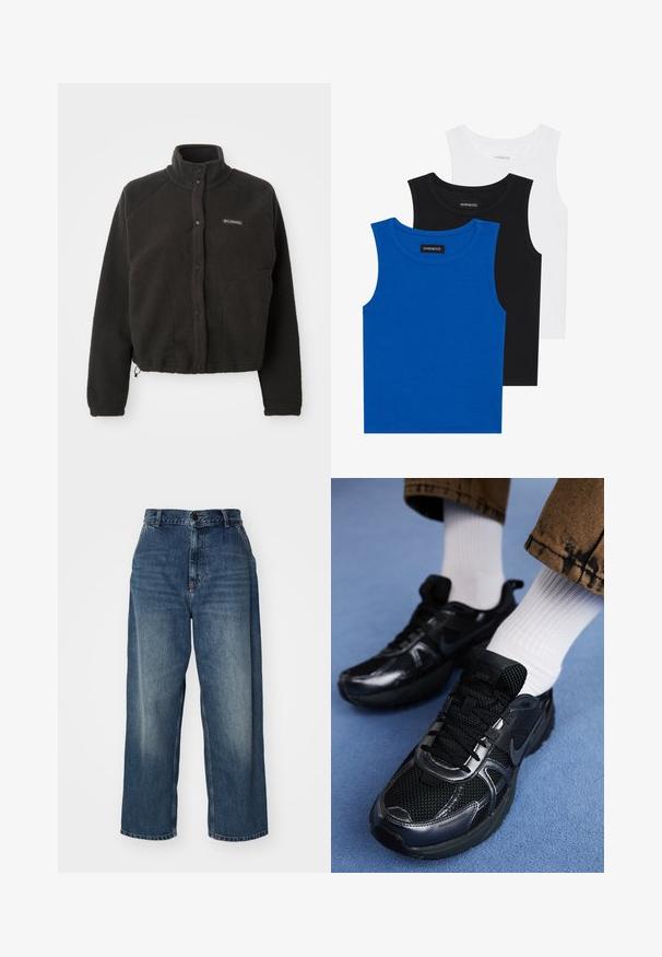 Czarna polarowa kurtka z wysokim kołnierzem, zatrzaskami i teksturowanym materiałem. Posiada rękawy raglanowe oraz regulowany dół, zapewniający dopasowanie.; Trzy bezrękawniki w kolorach niebieskim, czarnym i białym. Materiał to prążkowana tkanina z okrągłym dekoltem. Każdy top ma metkę z napisem "even&odd."; Niebieskie dżinsy typu wide-leg z wysokim stanem, wyposażone w zapięcie na guziki, szlufki na pasek oraz przetarcia na udach. Proste wykończenie nogawek.; Czarne buty sportowe Nike mają siateczkową cholewkę z błyszczącymi akcentami, czarne sznurówki i teksturowaną podeszwę. Połączone z białymi, prążkowanymi skarpetami.