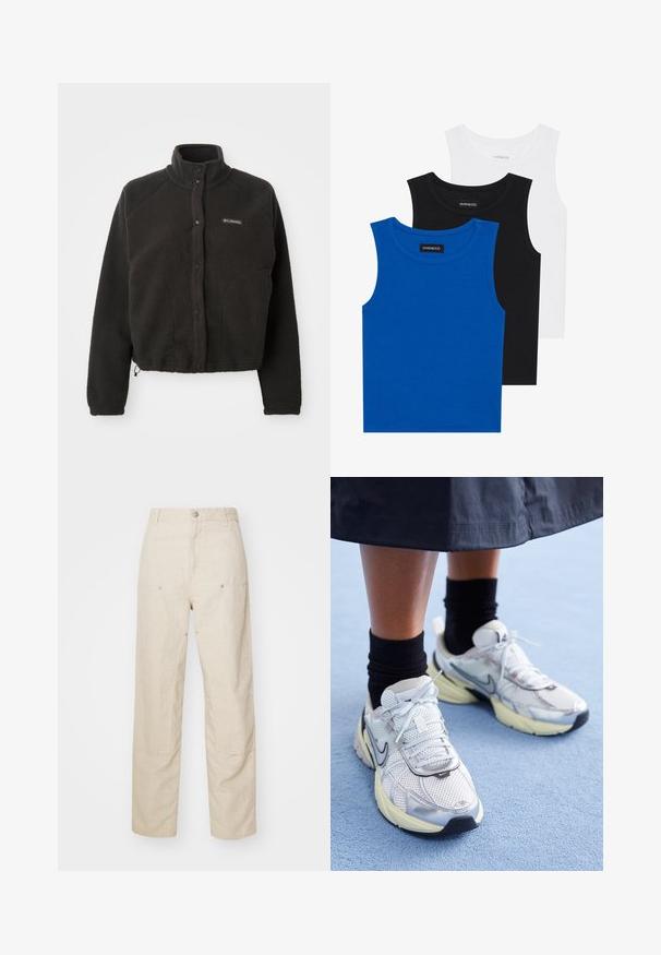 Veste en polaire noire avec un col haut, des boutons-pression et un tissu texturé. Elle dispose de manches raglan et d'un ourlet ajustable pour un ajustement confortable.; Trois débardeurs sans manches en bleu, noir et blanc. Le tissu est côtelé avec un col rond. Chaque débardeur a une étiquette portant la mention « even&odd ». ; Pantalons en lin beige avec une coupe décontractée, présentant des poches latérales et des détails de couture décoratifs, une taille sans coutures et des jambes droites.; Baskets Nike blanches et argentées avec tissu en maille, accents réfléchissants et semelle beige. Portées avec des chaussettes noires, se tenant sur une surface bleue.
