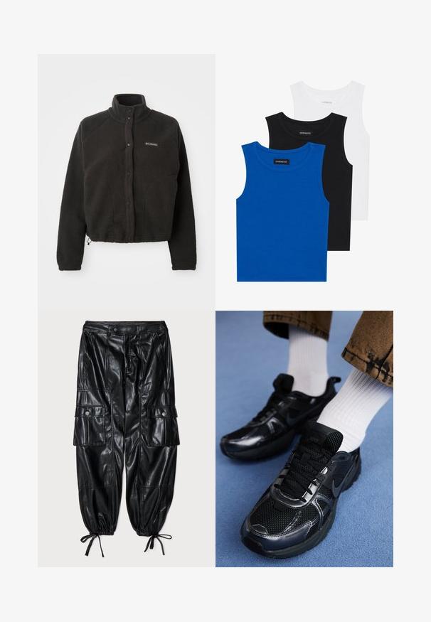 Czarna polarowa kurtka z wysokim kołnierzem, zatrzaskami i teksturowanym materiałem. Posiada rękawy raglanowe oraz regulowany dół, zapewniający dopasowanie.; Trzy bezrękawniki w kolorach niebieskim, czarnym i białym. Materiał to prążkowana tkanina z okrągłym dekoltem. Każdy top ma metkę z napisem "even&odd."; Czarne skórzane spodnie cargo o luźnym kroju, zebranymi mankietami, wieloma kieszeniami oraz gładką, błyszczącą fakturą. Wyróżniają się akcentami z guzikami.; Czarne buty sportowe Nike mają siateczkową cholewkę z błyszczącymi akcentami, czarne sznurówki i teksturowaną podeszwę. Połączone z białymi, prążkowanymi skarpetami.
