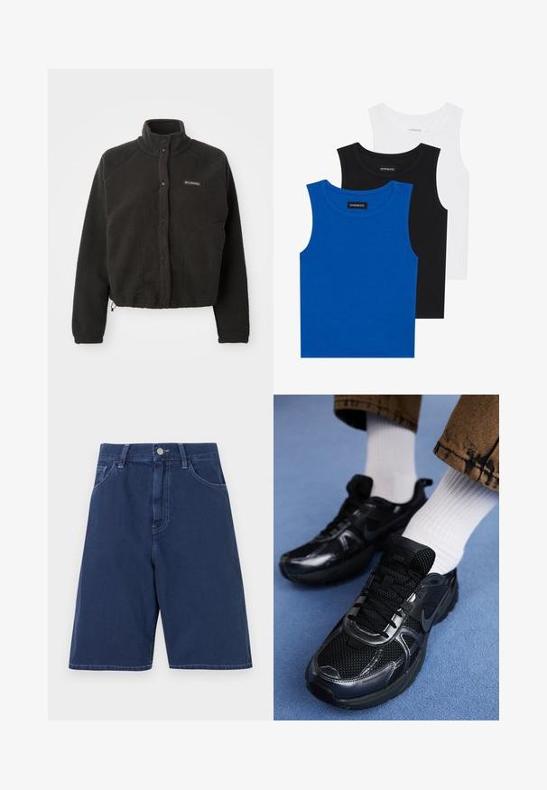 Sort fleecejakke med høj krave, trykknapper og struktureret stof. Har raglanærmer og en justerbar kant for en tætsiddende pasform.; Tre ærmeløse skjorter i blå, sort og hvid. Stoffet er ribbet med en rund halsudskæring. Hver skjorte har et mærke med teksten "even&odd."; Marineblå denimshorts med et traditionelt fem-lomme design, bæltestropper og en lukning med frontknap. Glat tekstur med synlige sømme.; Sorte Nike sportssko har en mesh-overdel med blanke detaljer, sorte snørebånd og en struktureret sål. Sammen med hvide ribbet sokker.