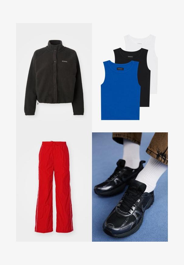 Černá fleecová bunda s vysokým límcem, patentkami a strukturovanou tkaninou. Má raglánové rukávy a nastavitelné zakončení, které zajišťuje pohodlné nošení.; Tři bezramínkové trička v modré, černé a bílé barvě. Materiál je ribovaný s kulatým výstřihem. Každé tričko má štítek s nápisem „even&odd.“; Červené nylonové kalhoty s širokým střihem, elastickým pasem s tkaničkou a bílými bočními pruhy. Hladká textura s lehkým vzhledem.; Černé tenisky Nike z síťovaného a syntetického materiálu s texturovaným svrškem, černými tkaničkami a odolnými gumovými podrážkami. Viditelné jsou bílé žebrované ponožky.