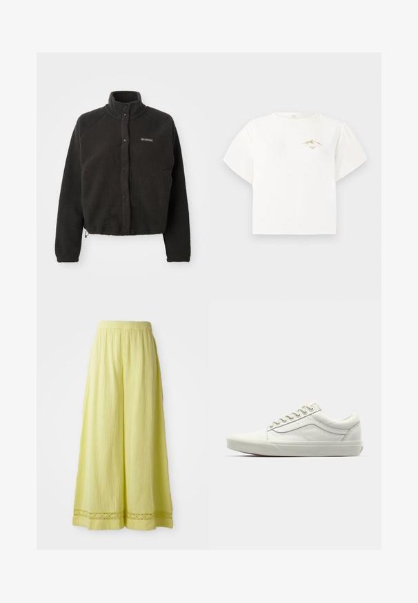Chaqueta de forro polar negra con cuello alto, botones a presión y tejido texturizado. Presenta mangas raglán y un dobladillo ajustable para un ajuste ceñido.; Camiseta blanca de manga corta hecha de algodón, con un pequeño gráfico dorado de montaña en el pecho y un corte holgado y cuadrado.; Pantalones de pierna ancha amarillos, hechos de una tela texturizada, con una cinturilla elástica. Presenta un detalle similar al crochet en el dobladillo.; Zapatilla de lona blanca con un diseño de caña baja, punta redonda y suela de goma texturizada. Presenta costuras reforzadas y ojales plateados para los cordones.