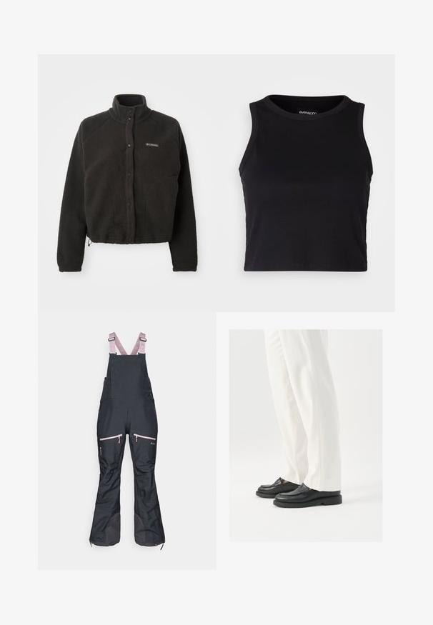 Musta fleece-takki, jossa on korkea kaulus, tarranapit ja tekstuuri. Ominaisuuksiin kuuluvat raglan-hihat ja säädettävä helmavarsi mukautuvan istuvuuden takaamiseksi.; Musta ribattava lyhythihainen toppi pyöreällä pääntiellä ja hihattomalla muotoilulla. Valmistettu pehmeästä, joustavasta kankaasta, jossa on siistit reunapainatukset.; Mustat vedenpitävät haalarit, joissa on säädettävät vaaleanpunaiset hihnat. Niissä on vetoketjullisia taskuja ja vahvistetut alaosat kestävyys varten.; Musta nahkakengät, joissa on sileä pinta, ompelusedet ja pyöristetty kärki, yhdistetty valkoisiin räätälöityihin housuihin.