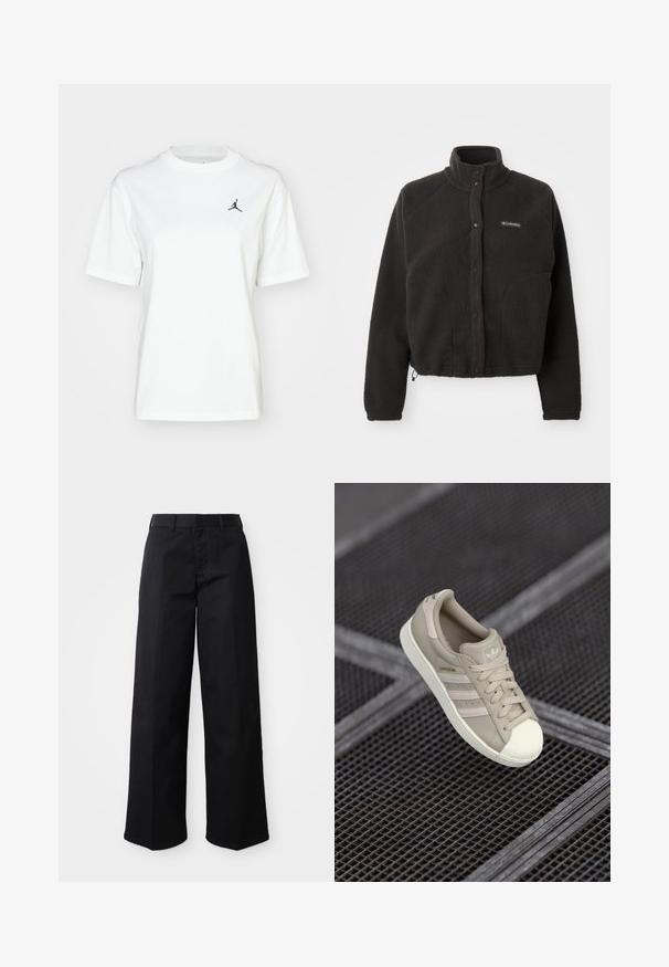 Črna flis jakna z visokim ovratnikom, pritisnimi gumbi in teksturirano tkanino. Ima raglan rokave in prilagodljiv spodnji del za udobno prileganje.; Bela bombažna majica s kratkimi rokavi, krožnim izrezom in majhnim črnim Jordan logotipom na zgornjem levem predelu prsi.; Črne široke hlače iz mehkega bombažnega blaga. Imajo klasičen pas, stranske žepe in raven kroj do roba.; Bežna Adidas Superstar teniska z teksturirano usnjeno zgornjico, tremi stranskimi črtami, okroglim kapom za prste ter logotipom na ježku in peti.
