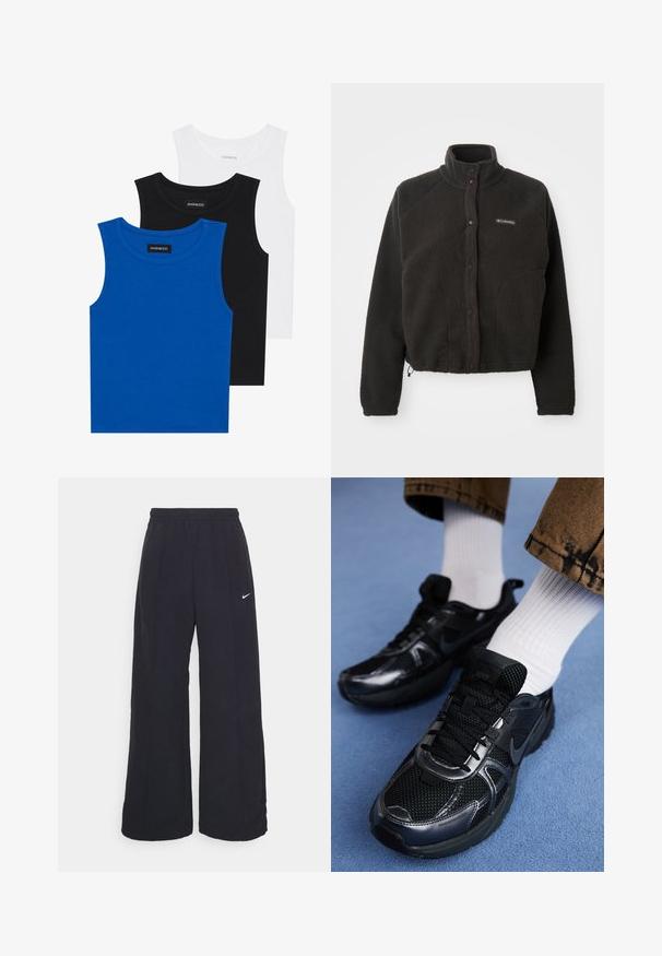 Črna flis jakna z visokim ovratnikom, pritisnimi gumbi in teksturirano tkanino. Ima raglan rokave in prilagodljiv spodnji del za udobno prileganje.; Tri majice bez rukavov v modri, črni in beli barvi. Tkanina je rebrasta z okroglo ovratnikom. Vsaka majica ima oznako "even&odd."; Črne široke hlače s elastiko v pasu in malim belim logotipom Nike. Tkanina ima gladko teksturo, zasnovano za udobje in sproščeno nošenje.; Črne športne čevlje Nike imajo mrežasto zgornji del s sijočimi akcenti, črne vezalke in teksturiran podplat. Ujemajo se z belimi rebrastimi nogavicami.