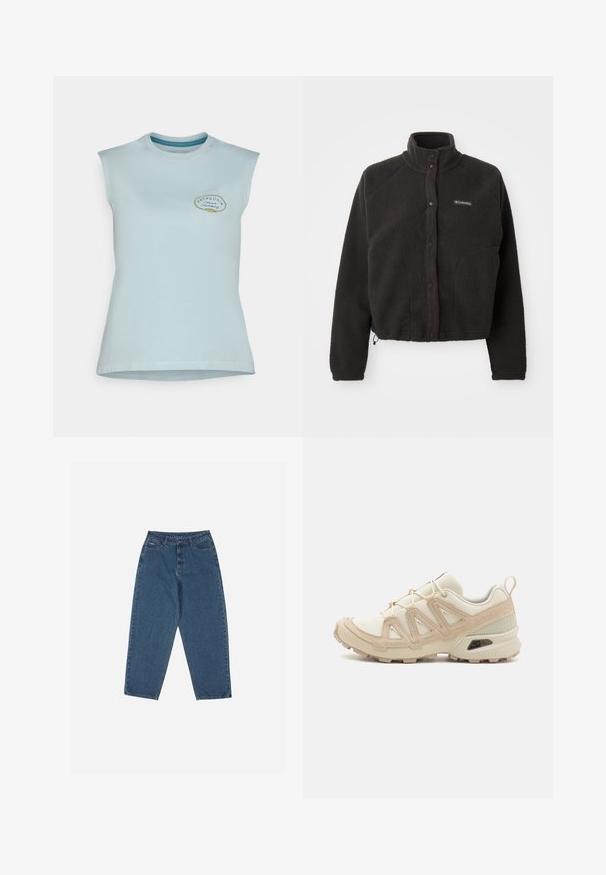 Polar fleece preto com gola alta, botões de pressão e tecido texturizado. Apresenta mangas raglan e uma bainha ajustável para um ajuste confortável.; Camiseta de algodão sem mangas azul claro com decote redondo e um pequeno logótipo impresso no lado esquerdo do peito, apresentando uma textura suave.; Calças de ganga azul com um corte descontraído, cintura alta, design de cinco bolsos e detalhes em costura. Apresenta um fecho com botão e zíper.; Sapatilha atlética beige e creme com parte superior em malha texturizada, sobreposições de suporte e sola de borracha com um padrão de cravo para tração.