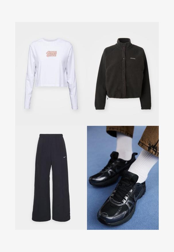 Musta fleece-takki, jossa on korkea kaulus, tarranapit ja tekstuuri. Ominaisuuksiin kuuluvat raglan-hihat ja säädettävä helmavarsi mukautuvan istuvuuden takaamiseksi.; Valkoinen pitkähihainen lyhythihaisen t-paita, joka on valmistettu puuvillasta ja jossa on monivärinen "SANTA CRUZ" -logo painettuna rintaan.; Mustat leveät housut, joissa on joustava vyötärönauha ja pieni valkoinen Nike-logo. Kangas on sileä, suunniteltu mukavuutta ja rentoa käyttöä varten.; Musta Nike-urheilukengät, joissa on verkkopintaa kiiltävillä yksityiskohdilla, mustat nauhat ja teksturoitu pohja. Yhdistetty valkoisiin ribbipolkimiin.