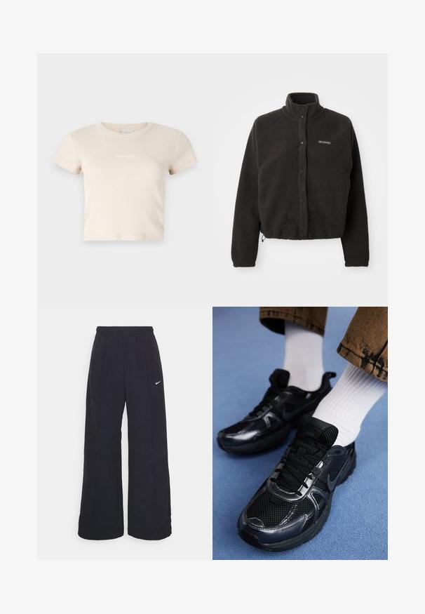 Zwarte fleecejack met hoge kraag, drukknopen en textuurstof. Beschikt over raglanmouwen en een verstelbare zoom voor een snug fit.; Beige cropped t-shirt van ribgebreid materiaal, met een ronde halslijn en korte mouwen. Bevat een klein contrasterend logo aan de voorkant.; Zwarte wijde broek met een elastische tailleband en een klein wit Nike-logo. De stof heeft een soepele textuur, ontworpen voor comfort en casual gebruik.; Zwarte Nike sneakers van mesh en synthetisch materiaal, met een gestructureerde bovenzijde, zwarte veters en duurzame rubberen zolen. Witte geribbelde sokken zichtbaar.