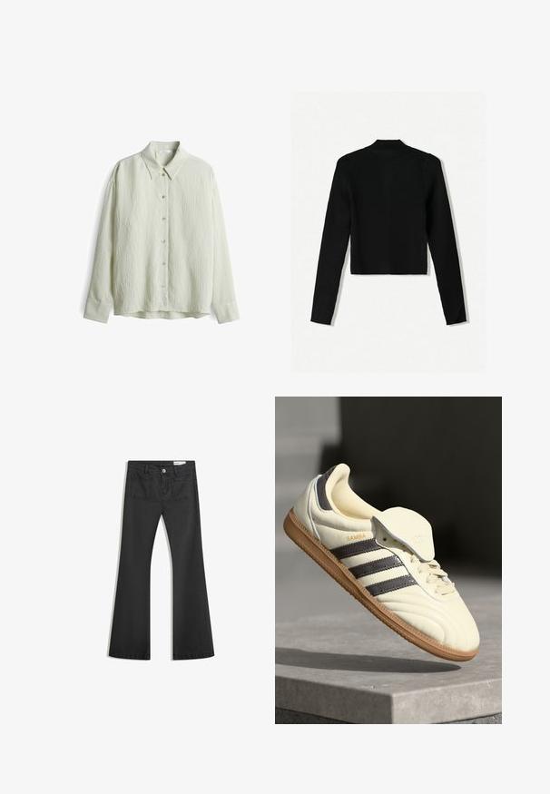 Bershka Strickjacke - black; Hellgrünes Hemd mit Kragen und langen Ärmeln, das eine strukturierte Oberfläche, eine Knopfleiste und ein dezentes Streifenmuster an den Manschetten aufweist.; Schwarze Schlagjeans aus Denim mit glatter Textur, ausgestattet mit zwei Gesäßtaschen und einem Knopfverschluss an der Taille.; Cremfarbene Ledersneaker mit drei dunklen Streifen, einer braunen Gummisohle und einer abgerundeten Zehenpartie. Hat eine faltbare Zunge, die mit "SAMBA" beschriftet ist.