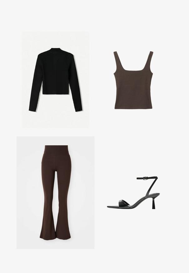 Bershka Gilet - black; Haut sans manches marron avec un décolleté carré, fabriqué à partir d'un tissu doux et extensible. Présente un design ajusté et des coutures plates.; Leggings évasés bruns en tissu doux et extensible, dotés d'une taille haute et d'une silhouette ajustée qui s'évasent au niveau de la cheville.; Bershka Sandales à talons hauts - black
