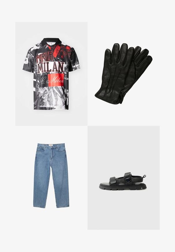 Čierna mikina na zips s kockovanou podšívkou kapucne, obsahuje dve predné vrecká a malú nášivku na hrudi. Mäkkučká tkanina a pružné manžety.; Polo tričko s krátkym rukávom vyrobené z ľahkej tkaniny, s čiernym základom a červenými a bielymi grafickými potlačami, textom a rôznymi textúrami.; Svetlomodré džíny z denimu so strihom rovného nohavice, dizajnom s piatimi vreckami a viditeľnou značkovou etiketou na páse.; Čierne sandále s textúrovaným tkaninovým zvrškom, širokými popruhmi, kovovými prackami a hrubou gumovou podrážkou s dezénom.; Čierne kožené rukavice s hladkou textúrou, päť prstov a jemné švy. Klasický dizajn, vhodný na používanie v chladnom počasí.