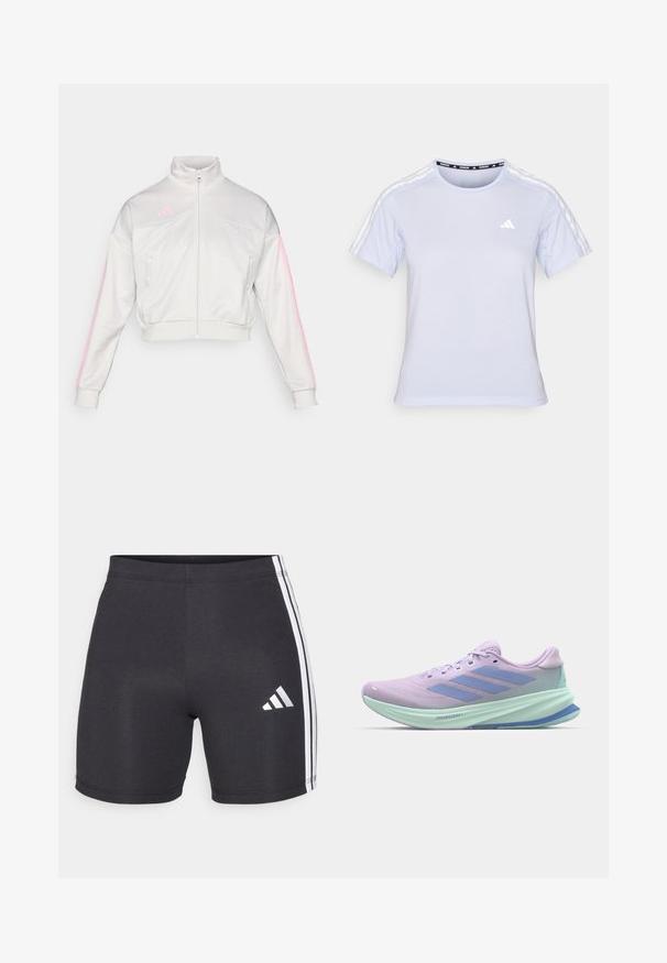 adidas Sportswear TIRO - Mikina na zip - grey one/true pink; Světle modré sportovní tričko s krátkým rukávem, s kulatým výstřihem, síťovinovou texturou a třemi bílými pruhy na ramenech s malým logem.; Černé sportovní šortky vyrobené z elastické tkaniny, s bílými bočními pruhy a logem Adidas na dolní části pravé nohy. Hladká textura.; Fialová běžecká obuv s prodyšným síťovaným svrškem, s akcenty v světle modré barvě a logem se třemi pruhy. Lehce vážený, odpružený design podrážky.