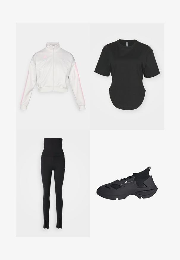 adidas Sportswear TIRO - Zip-up sweatshirt - grey one/true pink; Black short-sleeve T-shirt made of cotton. Round neckline with a curved hem and side slits. Smooth texture, casual fit.; adidas by Stella McCartney Leggings - black; adidas by Stella McCartney ADIDAS BY STELLA MCCARTNEY SPORTSWEAR SHOE - Road running shoes - core black cloud white core black