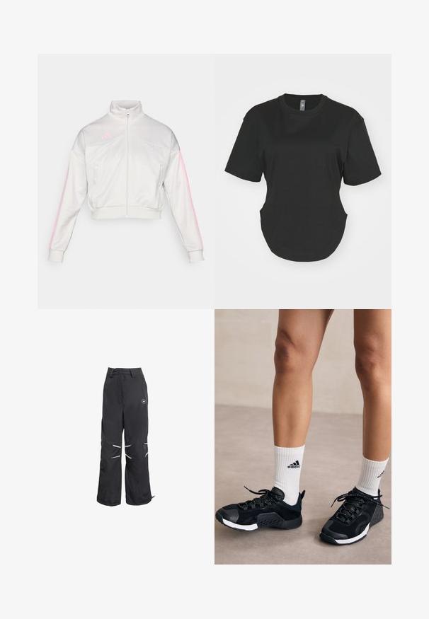 adidas Sportswear TIRO - Veste de survêtement - grey one/true pink; T-shirt noir à manches courtes en coton. Encolure ronde avec un ourlet arrondi et des fentes sur les côtés. Texture lisse, coupe décontractée.; Pantalons larges noirs avec des détails réfléchissants aux genoux, taille haute avec passants de ceinture, et un logo circulaire sur la cuisse supérieure droite.; Baskets de sport noires avec une tige texturée, des accents blancs et un système de laçage sécurisé, accompagnées de chaussettes blanches côtelées arborant un logo.