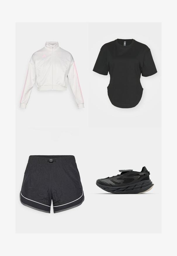 adidas Sportswear TIRO - Trainingsvest - grey one/true pink; Zwarte T-shirt met korte mouwen van katoen. Ronde halslijn met een afgeronde zoom en zijsplitten. Glad textuur, casual pasvorm.; Zwarte sportkorte broek gemaakt van lichtgewicht, gestructureerde stof; heeft een witte accentstreep, elastische tailleband en verstelbare trekkoord.; adidas by Stella McCartney ADISTAR - Trainingsschoen - core black/utility black/almond milk