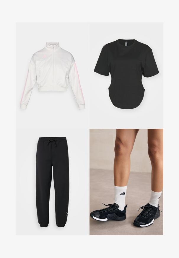 adidas Sportswear TIRO - Sweater met rits - grey one/true pink; Zwarte T-shirt met korte mouwen van katoen. Ronde halslijn met een afgeronde zoom en zijsplitten. Glad textuur, casual pasvorm.; Zwarte joggingsbroek van zacht materiaal, met een elastische tailleband met trekkoord, gebundelde enkels en een klein logo op het onderbeen.; Zwarte sportieve schoenen met een gestructureerde bovenkant, witte accenten en een veilig vetersysteem, gecombineerd met witte ribbelachtige sokken met een logo.