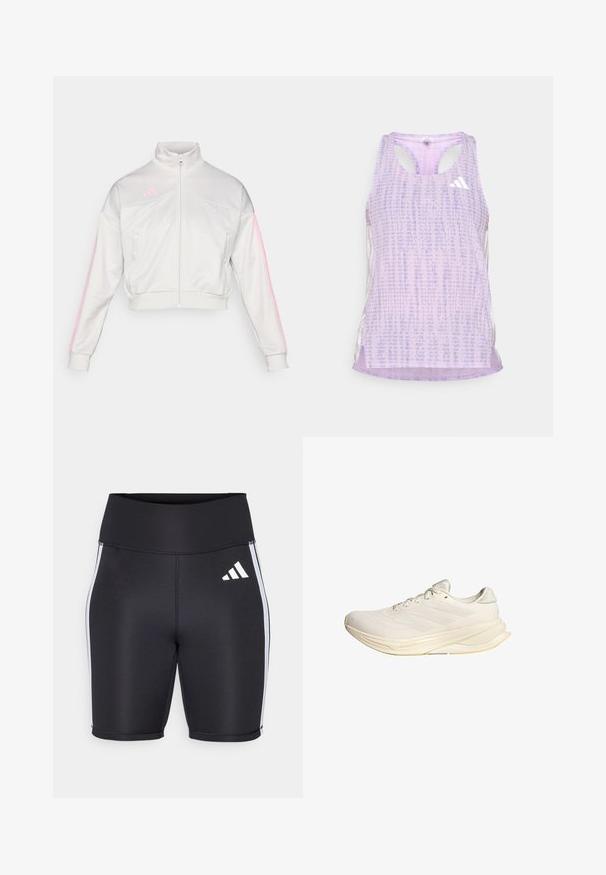 adidas Sportswear TIRO - Bluză de trening - grey one/true pink; Top sportiv violet dintr-un material texturat cu model. Are laterale decupate și un mic logo alb în față.; Pantaloni scurți atletici negri cu un talie înaltă, dungi laterale albe și un mic logo alb. Material neted cu un design ajustat.; Pantof de sport bej deschis, cu un superior din plasă, șireturi plate și o talpă amortizată. Are un design cu trei dungi pe partea laterală.