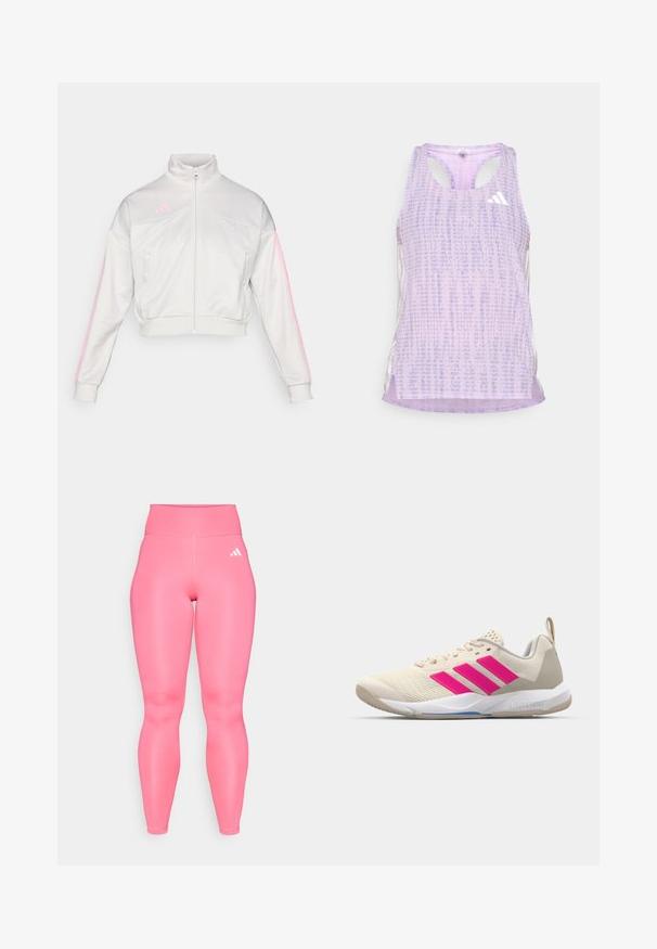 adidas Sportswear TIRO - Trainingsjacke - grey one/true pink; Lila sportlicher Tank-Top mit einem gemusterten, strukturierten Stoff. Verfügt über Ausschnitte an den Seiten und ein kleines weißes Logo auf der Vorderseite.; Rosa High-Waist-Leggings mit glattem, glänzendem Material. Verfügt über das Drei-Streifen-Branding in Weiß auf der linken Seite. Elastischer Bund.; Beige Sportsschuh mit pinkem Dreistreifen-Logo, strukturiertem Mesh-Obermaterial, gepolstertem Schaft und weißer Gummisohle, mit "LIGHTSTRIKE"-Branding.