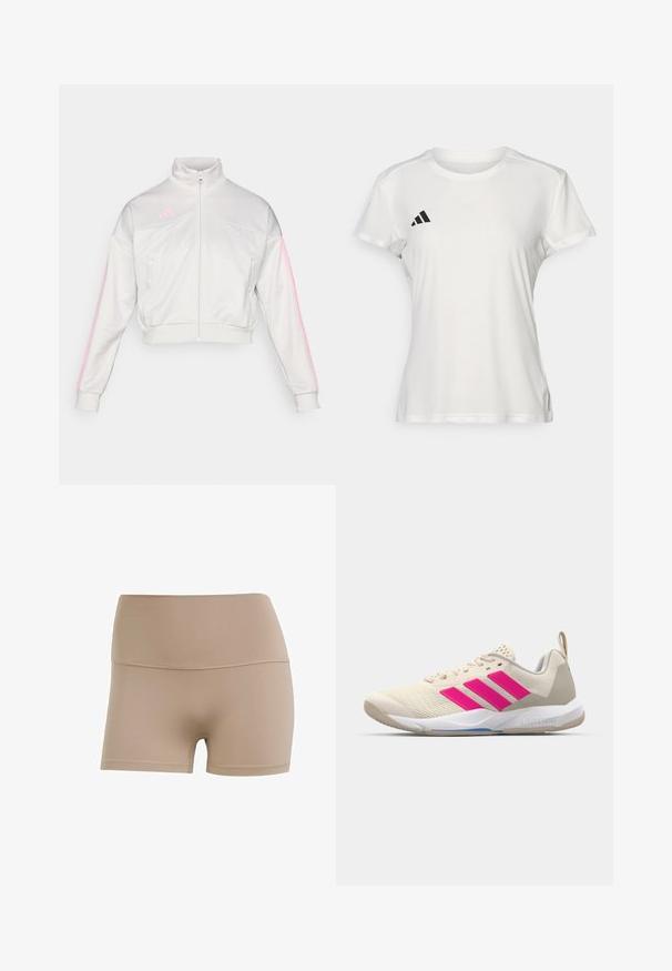 adidas Sportswear TIRO - Træningsjakke - grey one/true pink; Hvid atletisk T-shirt lavet af stof, der fugttransporterer. Korte ærmer, rund hals, med sort logo og tre-stribet emblem på venstre bryst.; Nude farvet strækstofshorts med høj talje, glat tekstur og kontrasterende syninger. Designet til komfort og fleksibilitet.; Beige sportsko med pink tre-stribede logo, tekstureret mesh overdel, polstret krave og hvid gummisål, med "LIGHTSTRIKE" branding.