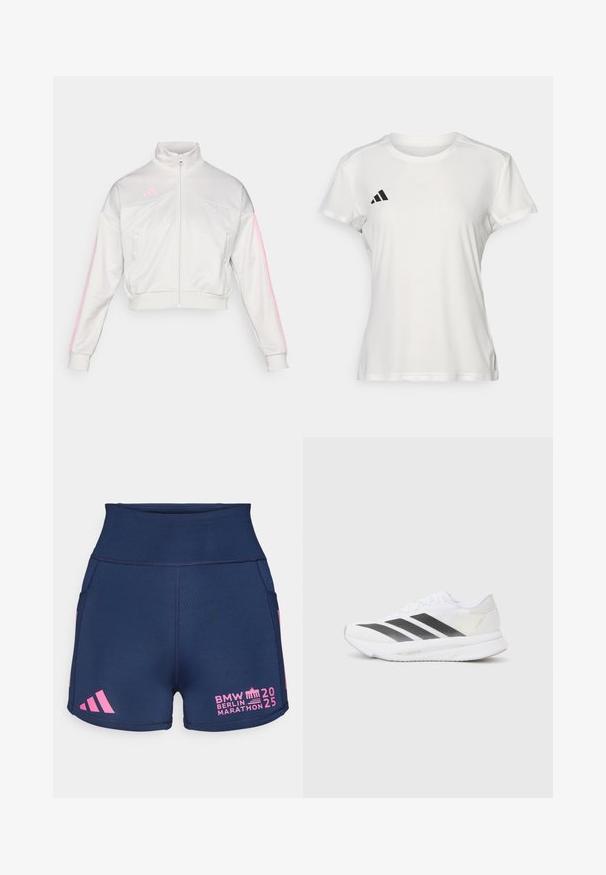 adidas Sportswear TIRO - Verryttelytakki - grey one/true pink; Valkoinen urheilupaita, joka on valmistettu kosteutta siirtävästä kankaasta. Lyhyet hihat, pyöreä kaula-aukko, musta logo ja kolmiraidallinen emblem vasemmassa rinnassa.; adidas Performance BER25 SHORT THIGHTS - Lyhyet juoksutrikoot - collegiate navy; Valkoinen urheilukenkä, jossa on mustat viistot raidat, verkkosukka, pyöreä kärki ja teksturoitu pohja. Koristeina ovat hopeinen kantapää ja minimalistinen muotoilu.