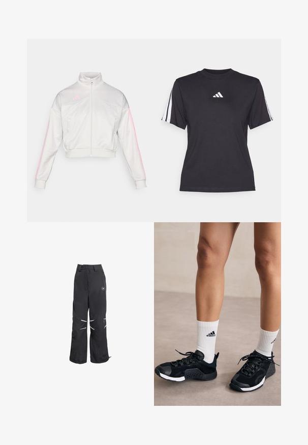 adidas Sportswear TIRO - Veste de survêtement - grey one/true pink; T-shirt de sport noir en tissu doux, avec un col rond, des manches courtes et trois rayures blanches sur chaque épaule. Logo blanc sur la poitrine.; Pantalons larges noirs avec des détails réfléchissants aux genoux, taille haute avec passants de ceinture, et un logo circulaire sur la cuisse supérieure droite.; Baskets de sport noires avec une tige texturée, des accents blancs et un système de laçage sécurisé, accompagnées de chaussettes blanches côtelées arborant un logo.