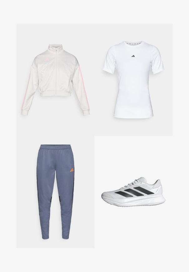 adidas Sportswear TIRO - Zip-up sweatshirt - grey one/true pink; White athletic shirt with short sleeves, made of smooth, stretch fabric. Features a small black Adidas logo on the chest.; Gray athletic pants with an elastic waistband, black side stripes, and an orange logo on the left thigh. Smooth fabric texture.; White athletic shoe with a breathable mesh upper, three black stripes, lightweight sole, and textured accents on the heel for support.