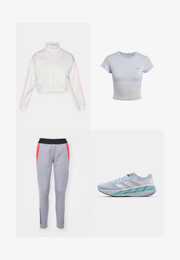 adidas Sportswear TIRO - Mikina na zip - grey one/true pink; adidas Performance Sportovní tričko - halo silver grey; Šedé sportovní kalhoty s černým pasem, červenými bočními akcenty, zúženými nohavicemi a černým proužkem na lemu. Vyrobeno z elastického materiálu.; Světlomodré sportovní boty s texturovaným pleteným svrškem, bílými akcenty a průhledným zeleným mezipodešví. Oválná špička a polstrovaný límec.