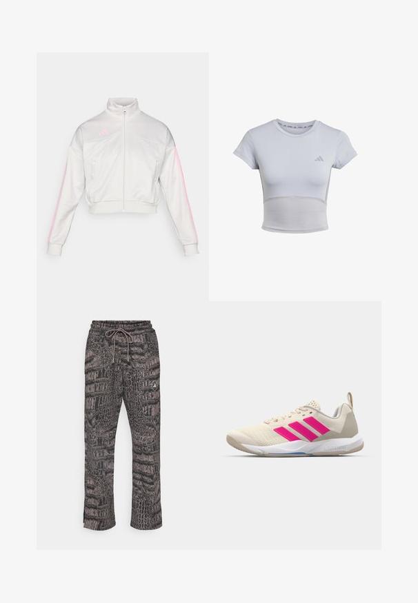 adidas Sportswear TIRO - Träningsjacka - grey one/true pink; adidas Performance T-shirt till träning - halo silver grey; adidas by Stella McCartney LOOSE - Träningsbyxor - black/charcoal; Beige idrottssko med rosa tre-stripes logotyp, texturerad meshöverdel, vadderad krage och vit gummisula, med "LIGHTSTRIKE"-branding.
