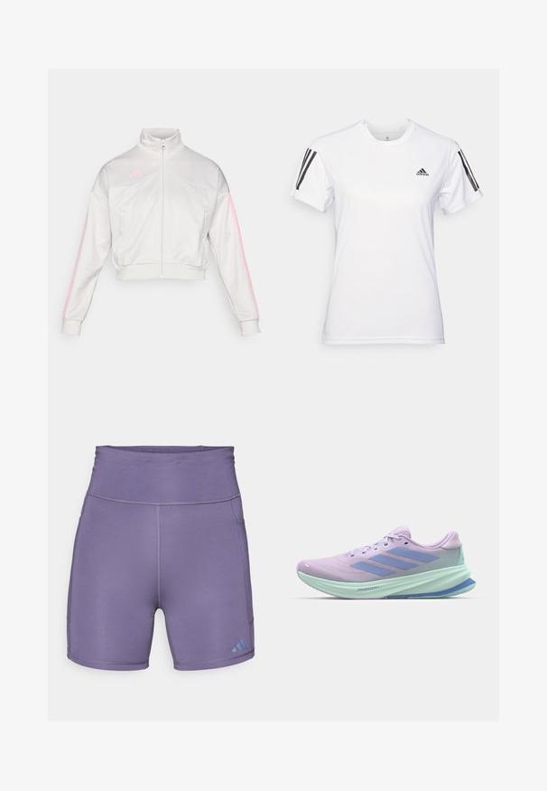 adidas Sportswear TIRO - Sweat zippé - grey one/true pink; T-shirt de sport blanc en tissu lisse et léger. Présente des accents noirs à trois rayures sur les épaules et un petit logo noir sur la poitrine.; Shorts de sport violets avec une taille haute, texture lisse, et logo bleu contrastant en bas à gauche. Présente des coutures à plat.; Chaussure de course violette avec tige en mesh respirant, présentant des accents bleu clair et le logo à trois bandes. Design de semelle léger et amorti.