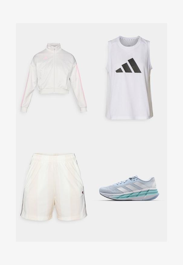 adidas Sportswear TIRO - Trainingsjacke - grey one/true pink; Weißes ärmelloses Sportoberteil mit rundem Halsausschnitt, das auf der Vorderseite ein großes schwarzes Adidas-Logo aus drei Streifen aufweist.; Leichte Sportshorts in hellbeige mit weißen vertikalen Streifen, einem elastischen Bund und schwarzen seitlichen Akzenten, mit einem Logopatch.; Helle blaue Sportschuhe mit einem strukturierten Strickobermaterial, weißen Akzenten und einer transparenten grünen Zwischensohle. Abgerundete Zehenpartie und gepolsterter Schaft.