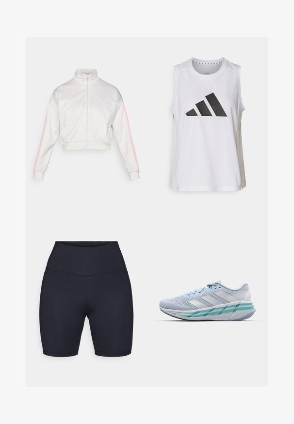 adidas Sportswear TIRO - Træningsjakke - grey one/true pink; Hvid ærmeløs træningstop med rund halsudskæring, der har et stort svart Adidas-logo bestående af tre striber på fronten.; Højtaljede sorte shorts lavet af strækbart stof, med en glat overflade og syede sømme. Midt- lår længde uden mønstre eller accenter.; Lysblå sportsko med en struktureret strikoverside, hvide detaljer og en gennemsigtig grøn mellemsål. Rund tå og polstret krave.