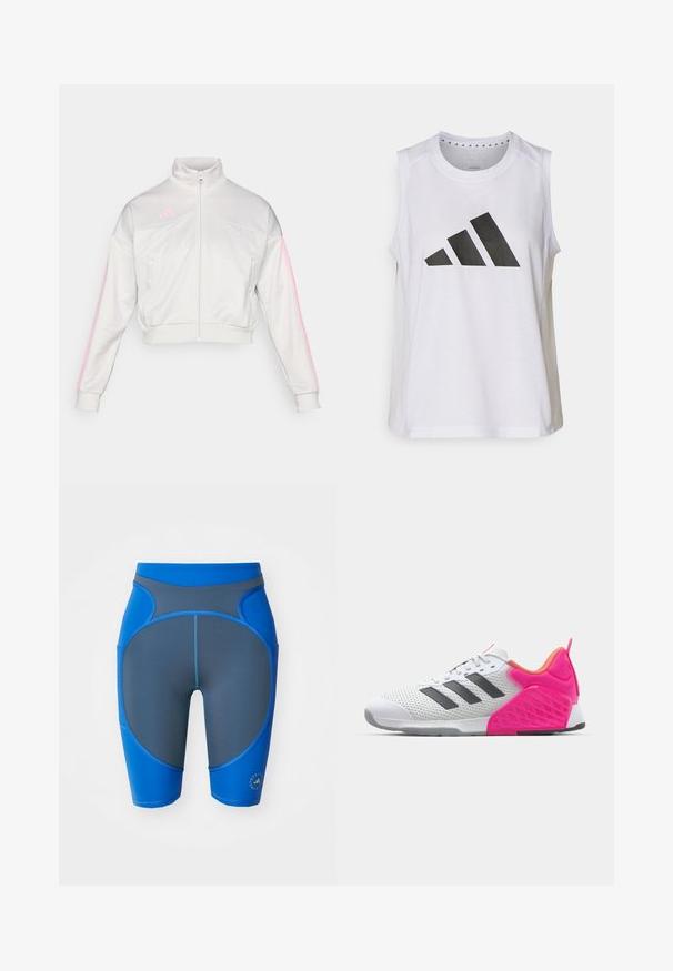 adidas Sportswear TIRO - Jakna za treniranje - grey one/true pink; Bijela bezrukava sportska majica s okruglim izrezom, na prednjoj strani ima veliki crni Adidas logo sastavljen od tri pruge.; Plave i sivo atletske kratke hlače s attitivnim dizajnom, koje imaju kontrastne panele, ravne šavove i logo na rubu.; Bijela atletska tenisica siva pruga, mrežasta gornjište i ružičasta peta i akcenti. Ima teksturiranu petu i gumeni potplat. vezice i podstavljeni ovratnik.