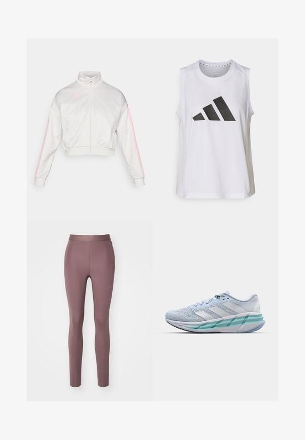 adidas Sportswear TIRO - Training jacket - grey one/true pink; White sleeveless athletic top with round neckline, featuring a large black Adidas logo composed of three stripes on the front.; HOKA NOVAFLY RUN - Running tights - smokey quartz; Light blue athletic shoes with a textured knit upper, white accents, and a transparent green midsole. Rounded toe and padded collar.