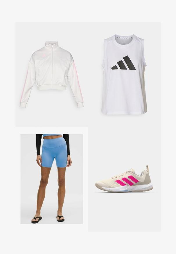 adidas Sportswear TIRO - Trainingsjacke - grey one/true pink; Weißes ärmelloses Sportoberteil mit rundem Halsausschnitt, das auf der Vorderseite ein großes schwarzes Adidas-Logo aus drei Streifen aufweist.; Hellblaue Sportshorts aus glattem, elastischem Material. Mit hoher Taille und figurbetontem Schnitt, kombiniert mit schwarzen Flip-Flops.; Beige Sportsschuh mit pinkem Dreistreifen-Logo, strukturiertem Mesh-Obermaterial, gepolstertem Schaft und weißer Gummisohle, mit "LIGHTSTRIKE"-Branding.