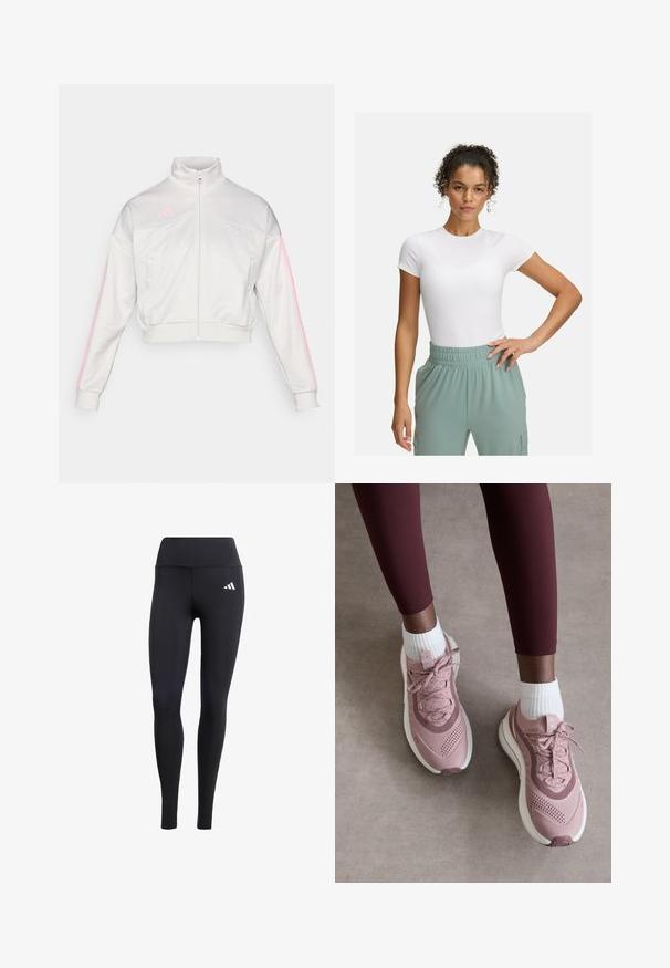 adidas Sportswear TIRO - Vetoketjullinen college - grey one/true pink; Valkoinen muotoiltu t-paita lyhyillä hihoilla, yhdistettynä vaaleanvihreisiin joustaviin vyötäröhousuihin. Sileä pinta, minimalistinen muotoilu ja ei näkyviä kuvioita.; Mustat legginsit, jotka on valmistettu venyvästä materiaalista ja joissa on korkea vyötärö sekä pieni valkoinen logo, ja jotka omaavat sileän, matsan pinnan.; Vaaleanpunaiset urheilukengät, joissa on teksturoitu verkko-osa, nauhakiristys ja valkoinen pohja. Yhdistettynä valkoisiin nilkkasukkiin ja burgundinvärisiin legginsseihin.
