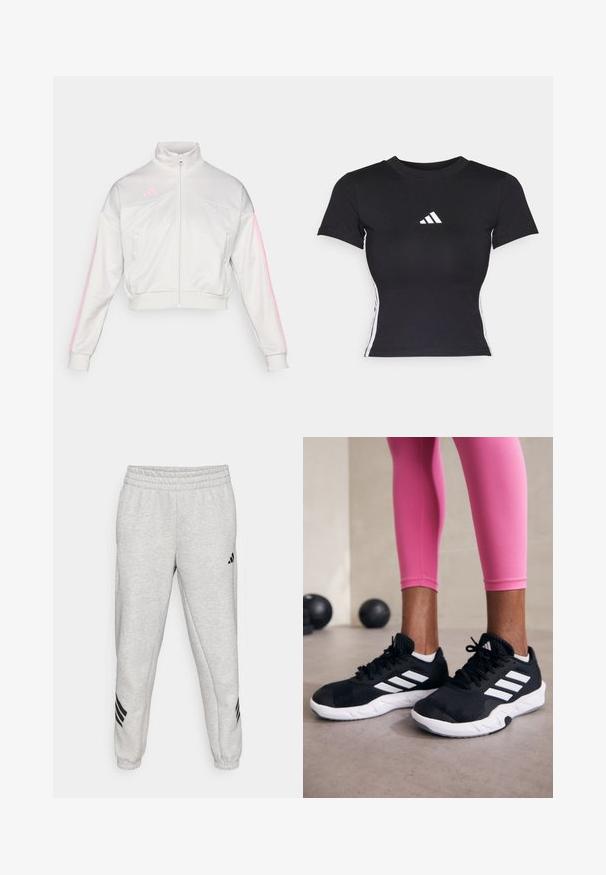 adidas Sportswear TIRO - Casaco de treino - grey one/true pink; Camisa preta ajustada feita de tecido suave. Apresenta mangas curtas e o logótipo da adidas em branco no peito. Listas brancas nas laterais.; Calças de treino cinzentas claras com um cós elástico ribado, pernas estreitas e três riscas diagonais pretas perto das bainhas. Textura suave.; Sapatos de treino pretos com riscas brancas, parte superior em malha texturizada e sola branca. Usados com leggings cor-de-rosa, destacando roupa de treino.